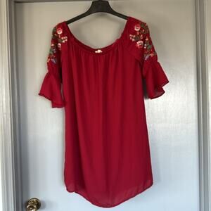 Bleuh Ciel Women's Red Floral Embroidery Puff Sleeves Sz L Scoop Neck Dress